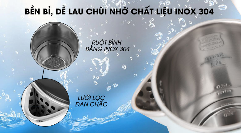 Chất liệu Inox 304 bền bỉ - Ấm đun siêu tốc Midea 1.7 lít MK-17DS Chất liệu Inox 304 bền bỉ - Ấm đun siêu tốc Midea 1.7 lít MK-17DS