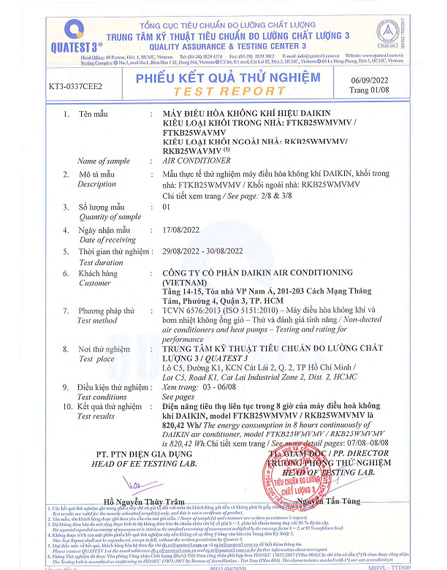 Máy lạnh Daikin Inverter 1 HP FTKB25WMVMV - Kết quả thực nghiệm Máy lạnh Daikin Inverter 1 HP FTKB25WMVMV - Kết quả thực nghiệm