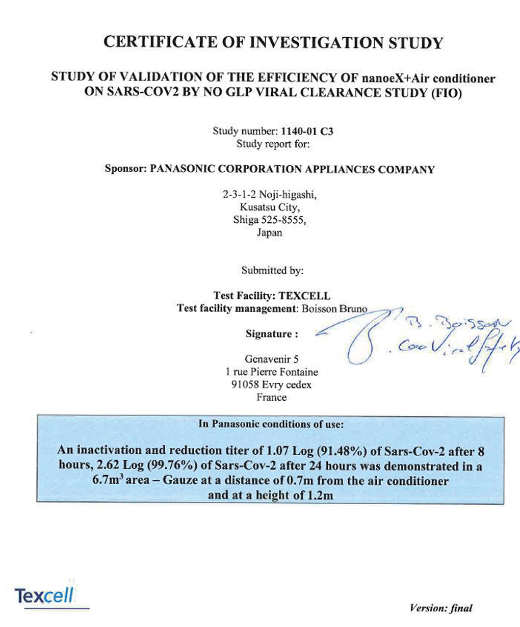 Máy lạnh Panasonic Inverter 1.5 HP CU/CS-XU12XKH-8 - Giấy chứng nhận công nghệ nanoe™ X trên máy lạnh Panasonic có khả năng ức chế virus SARS-CoV-2 Máy lạnh Panasonic Inverter 1.5 HP CU/CS-XU12XKH-8 - Giấy chứng nhận công nghệ nanoe™ X trên máy lạnh Panasonic có khả năng ức chế virus SARS-CoV-2
