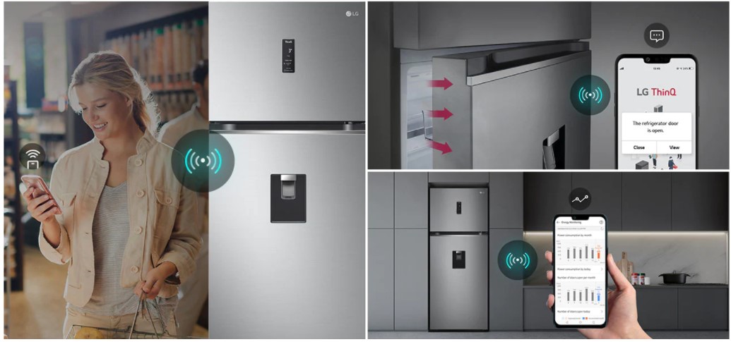 Hình ảnh này là kết hợp của nhiều hình ảnh mô tả ba chức năng khác nhau. Hình ảnh này kết hợp hình ảnh điều khiển từ xa thông qua thiết bị hỗ trợ WiFi, cảnh báo thông minh thông qua ứng dụng điện thoại thông minh khi cửa tủ lạnh mở và hình ảnh tình trạng tủ lạnh được theo dõi thông qua ứng dụng điện thoại thông minh.